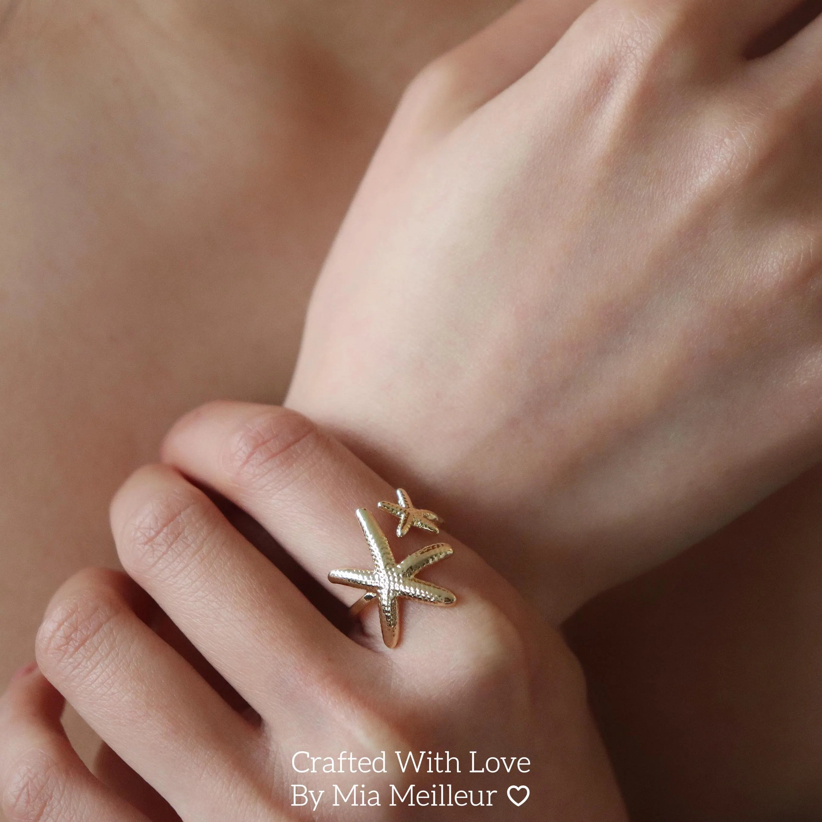 Gold Starfish Ring, Summer Beach Adjustable Ring, 18K Gold Plated Stacking Ring