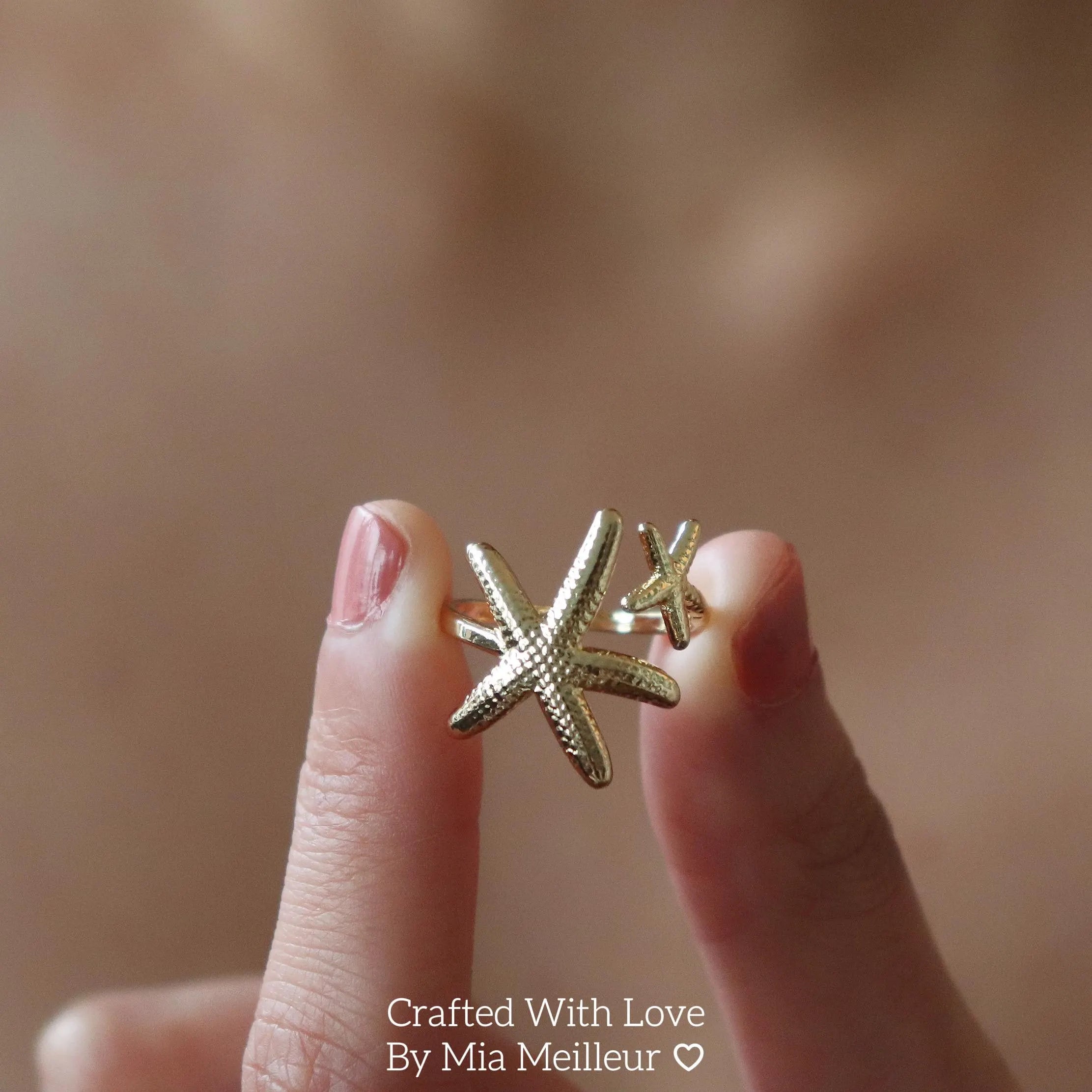 Gold Starfish Ring, Summer Beach Adjustable Ring, 18K Gold Plated Stacking Ring