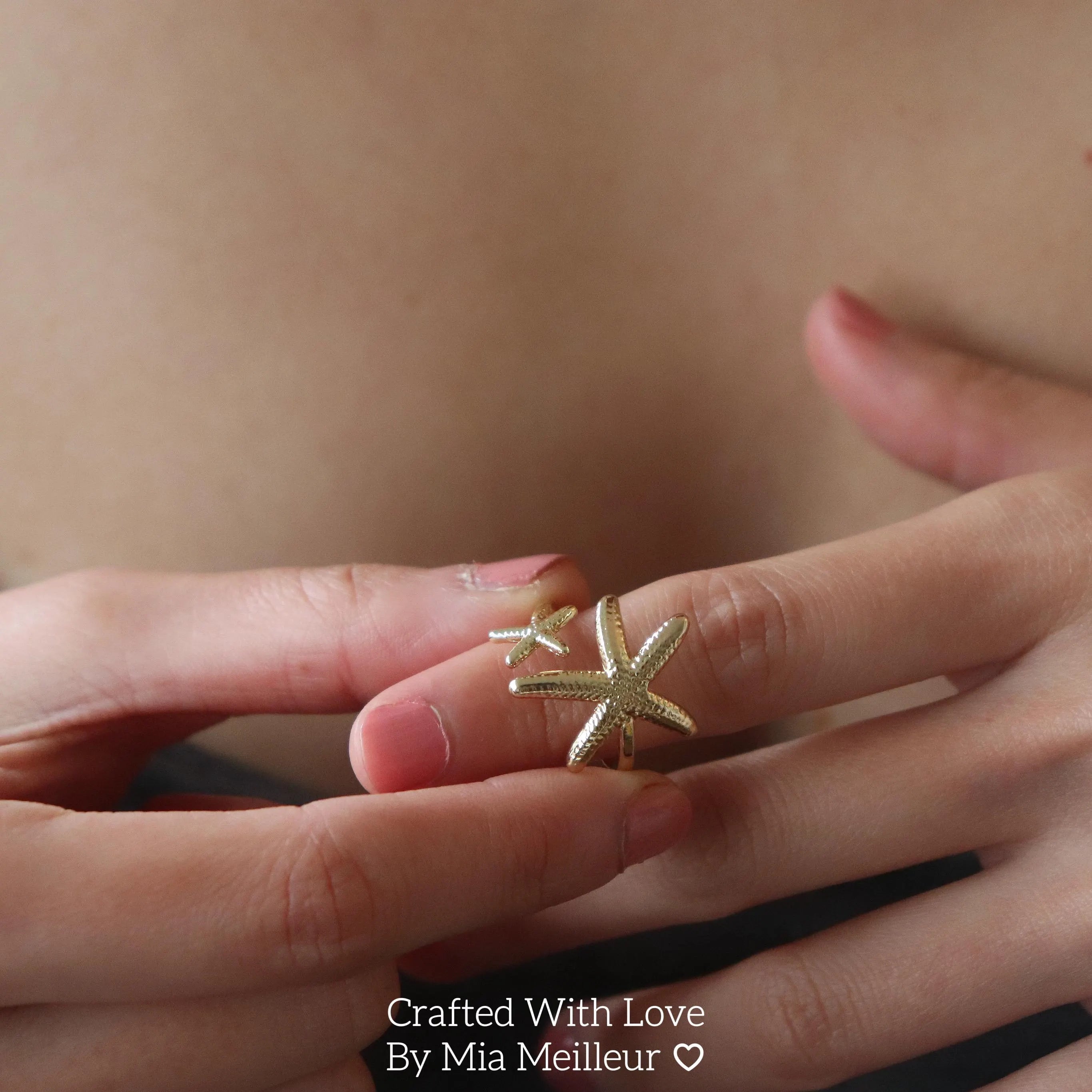 Gold Starfish Ring, Summer Beach Adjustable Ring, 18K Gold Plated Stacking Ring