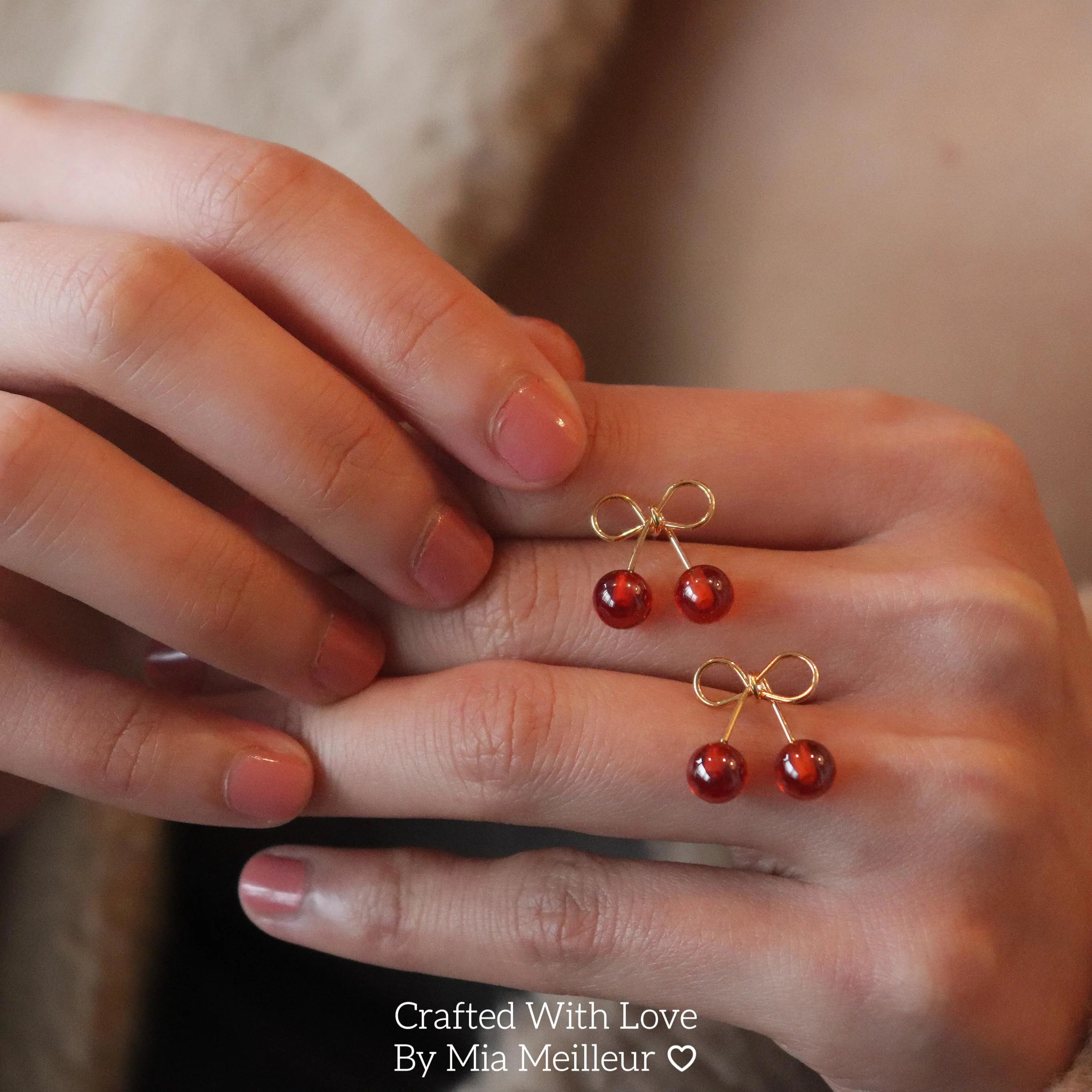 Cherry Stud Earrings, Dainty Ribbon Earrings
