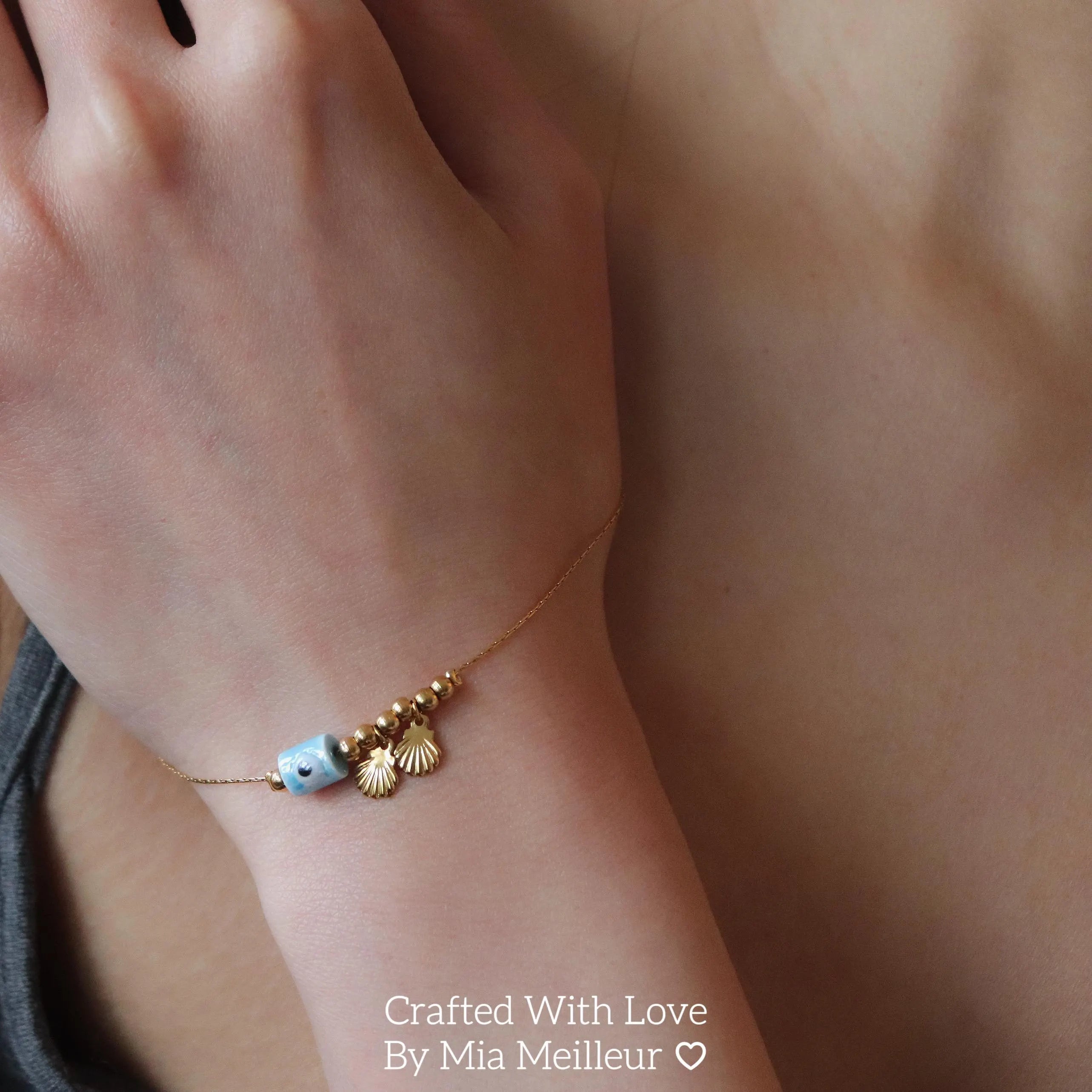 Dainty Evil Eye Bracelet with Seashell Charm