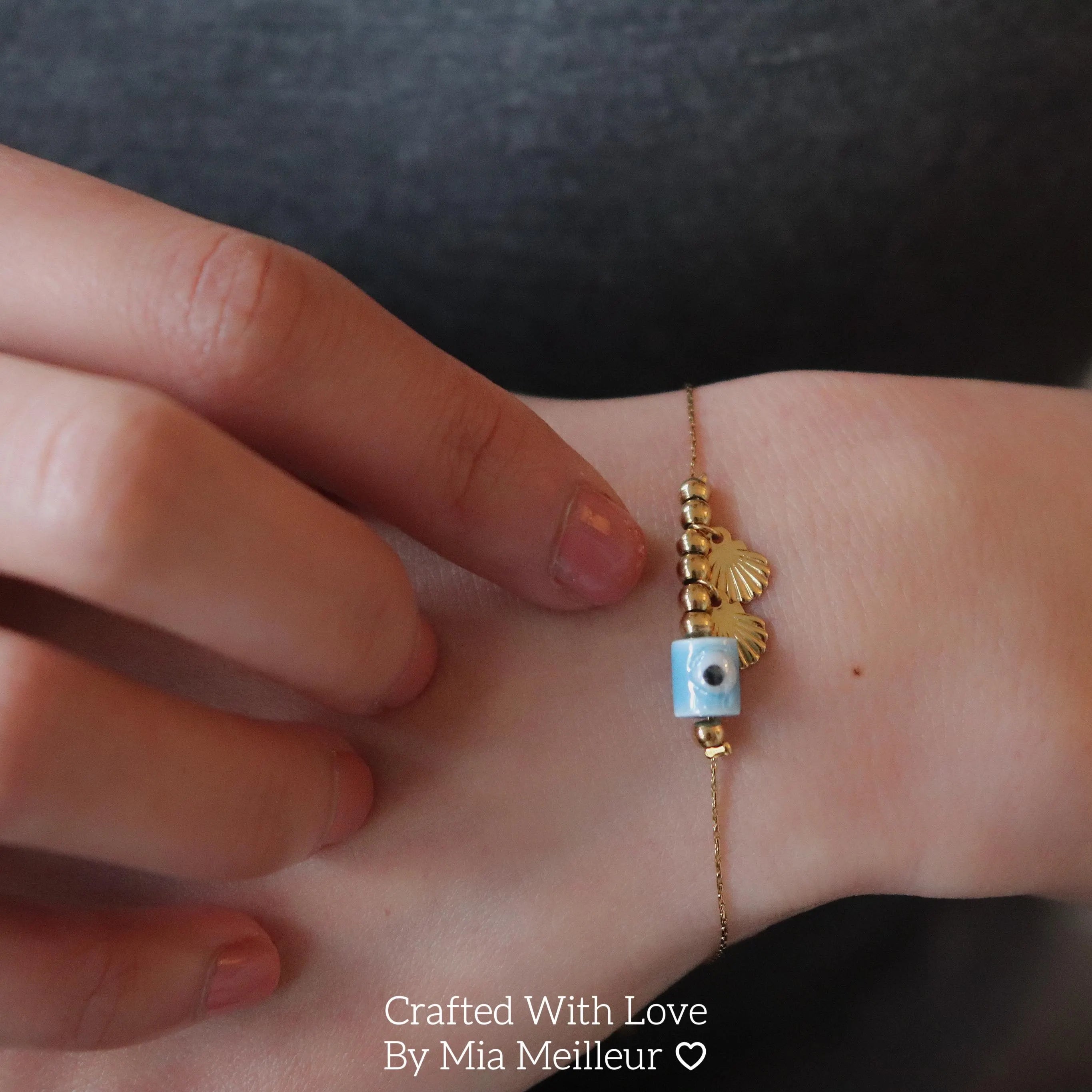 Dainty Evil Eye Bracelet with Seashell Charm