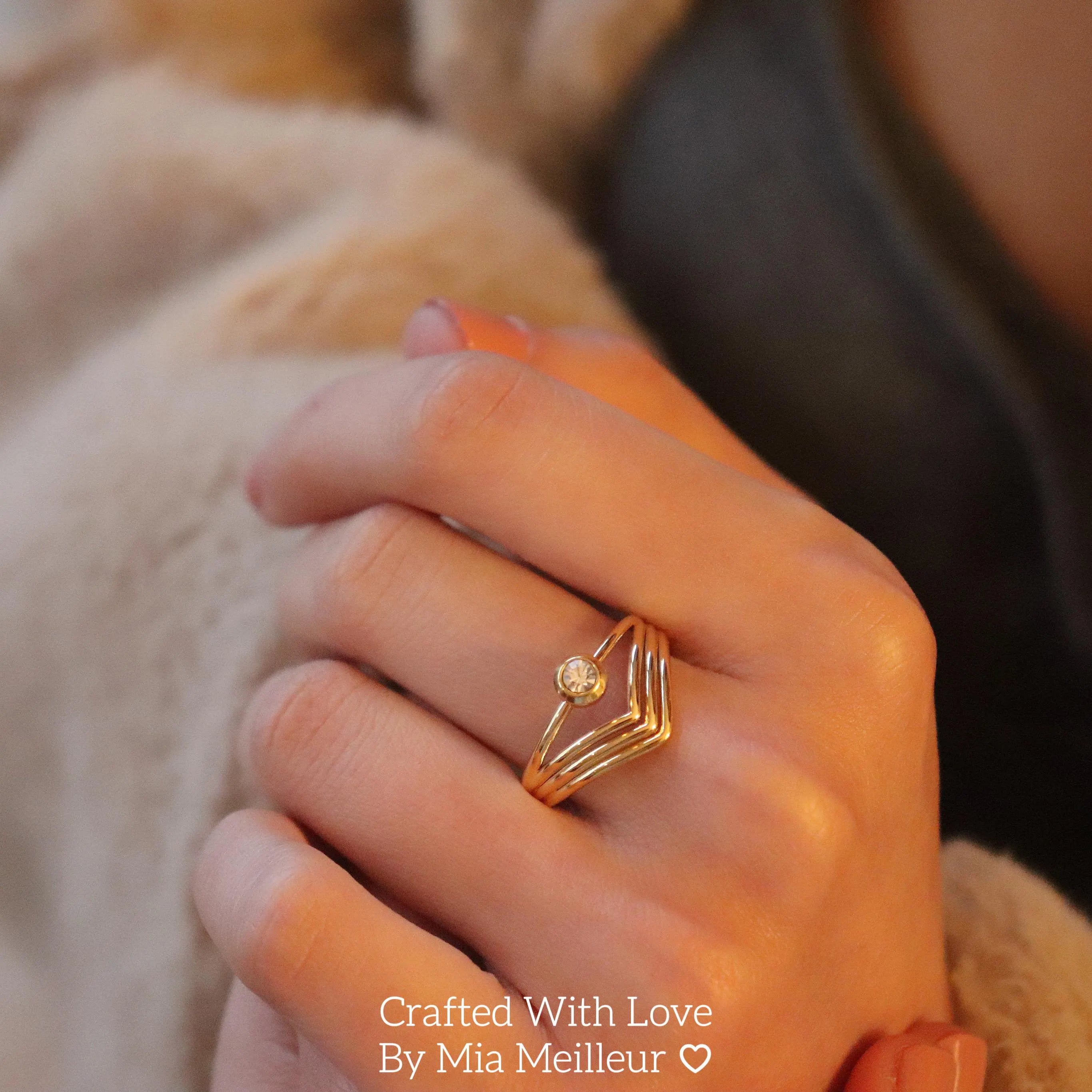 Gold Chevron Ring, Curved Art Deco Stacking Ring