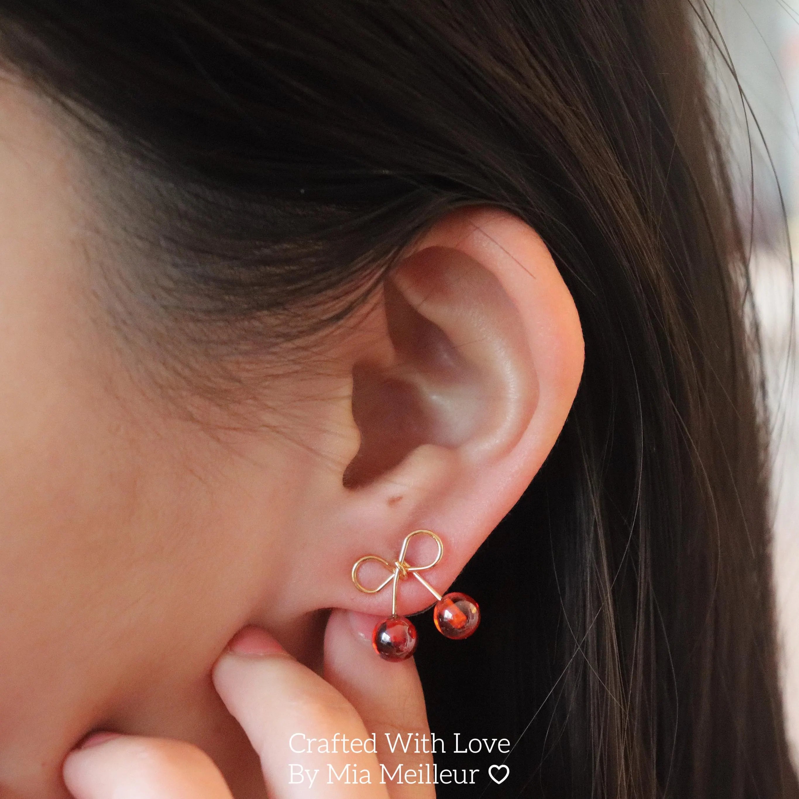 Cherry Stud Earrings, Dainty Ribbon Earrings