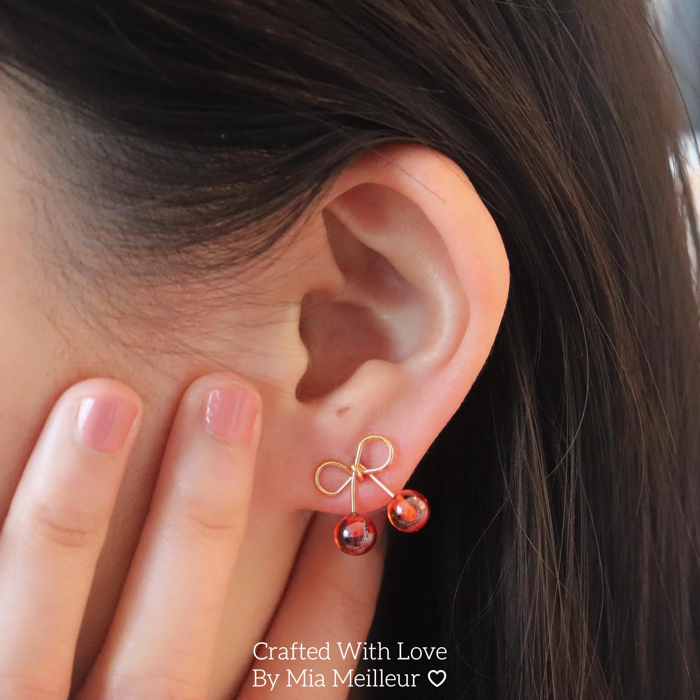 Cherry Stud Earrings, Dainty Ribbon Earrings