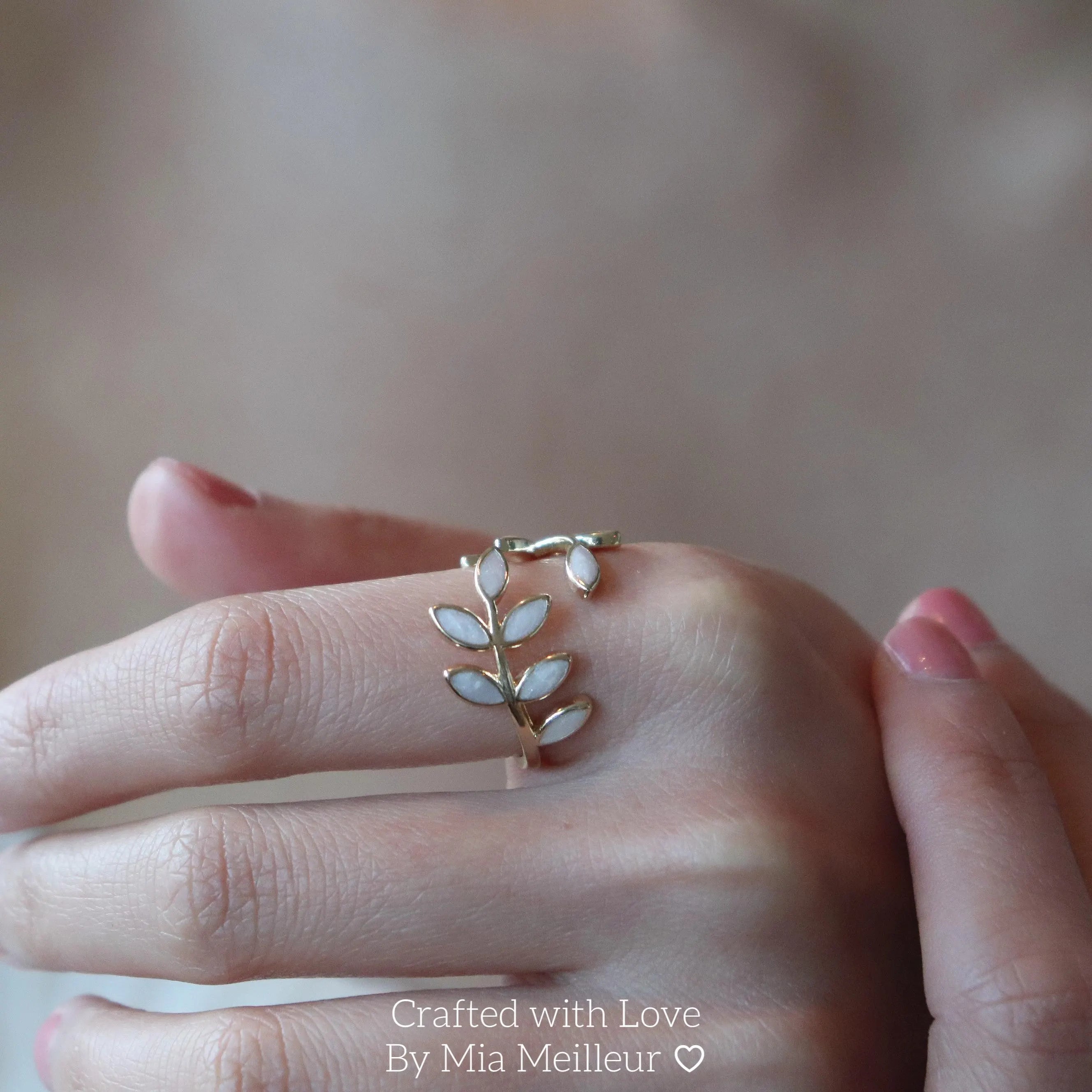 Dainty White Enamel Leaf Open Ring
