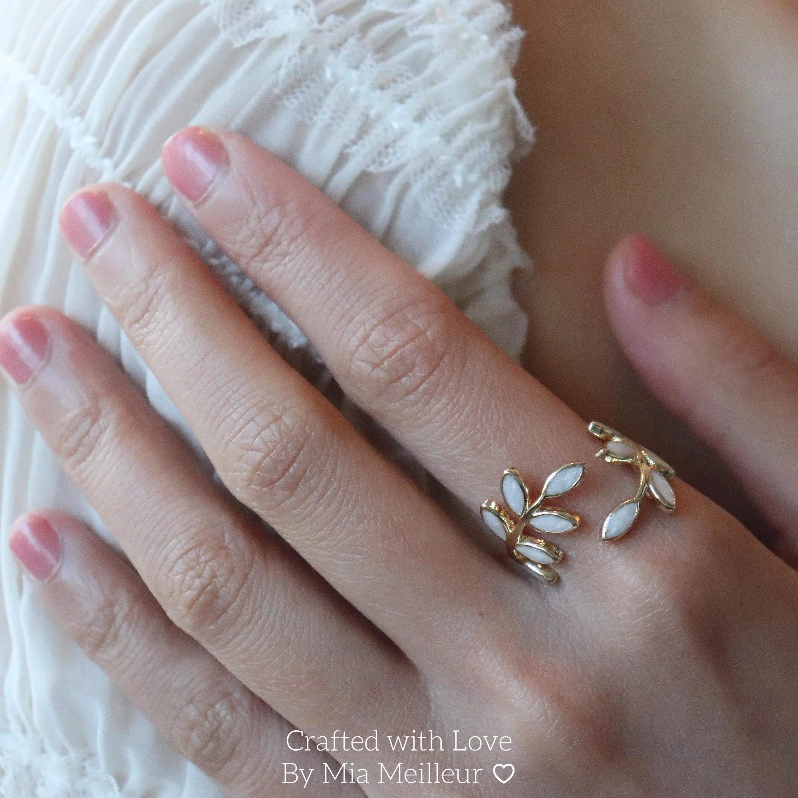 Dainty White Enamel Leaf Open Ring