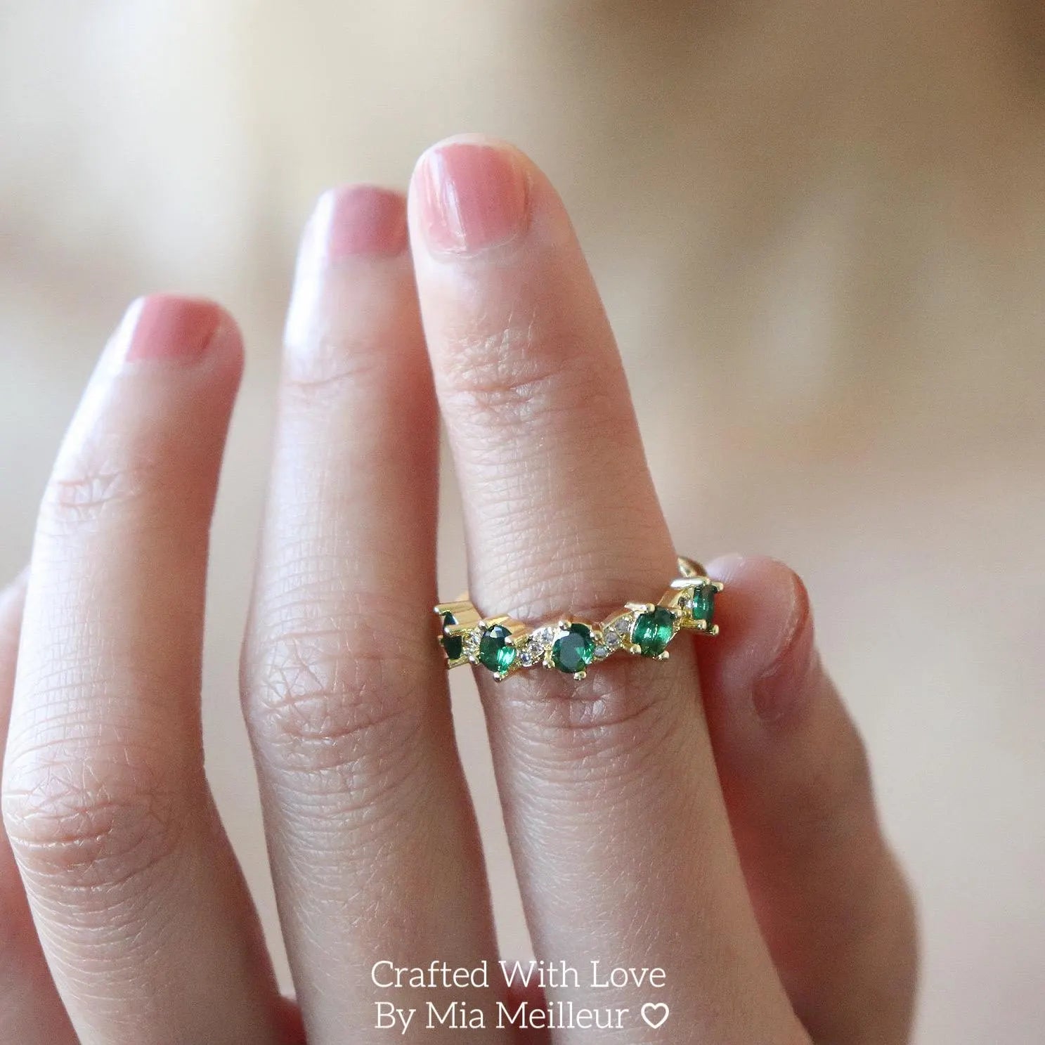 Dainty Emerald & Diamond Eternity Open Ring