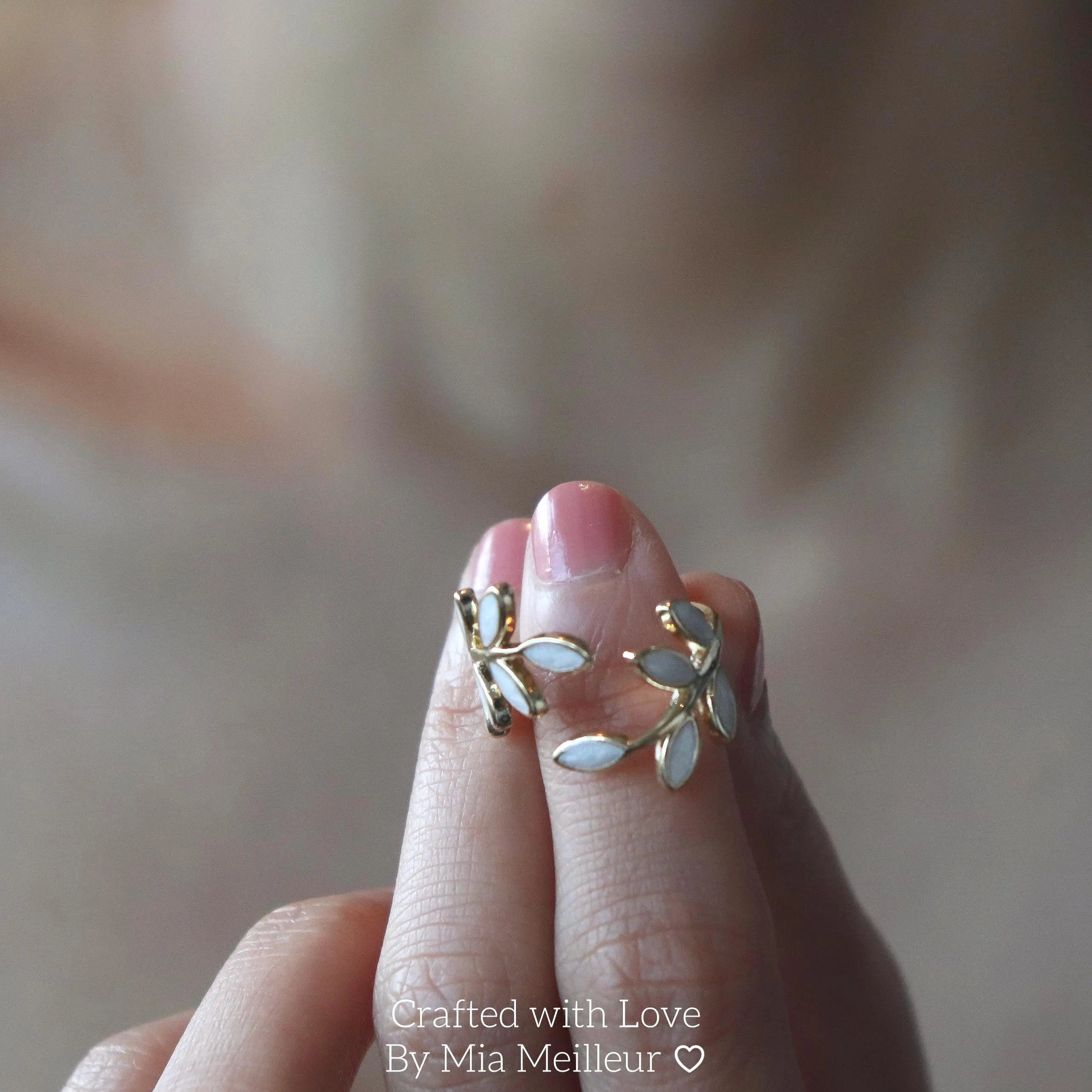 Dainty White Enamel Leaf Open Ring