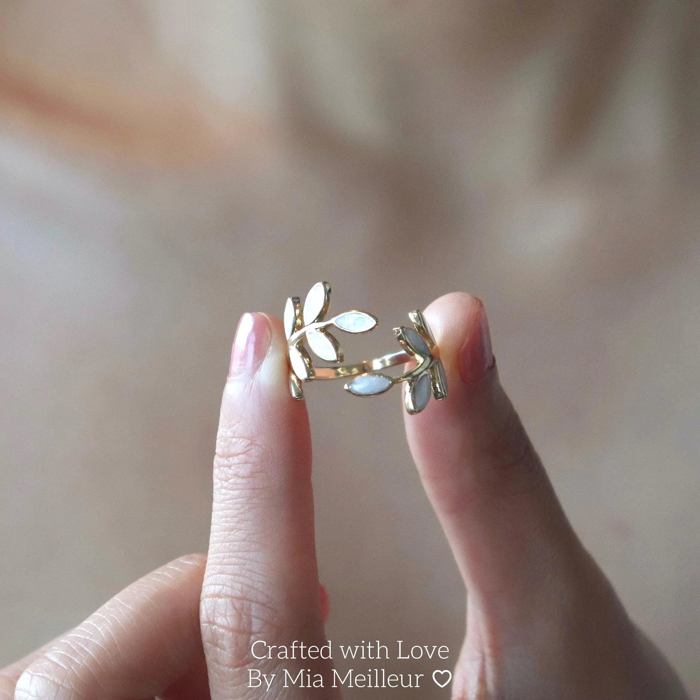 Dainty White Enamel Leaf Open Ring