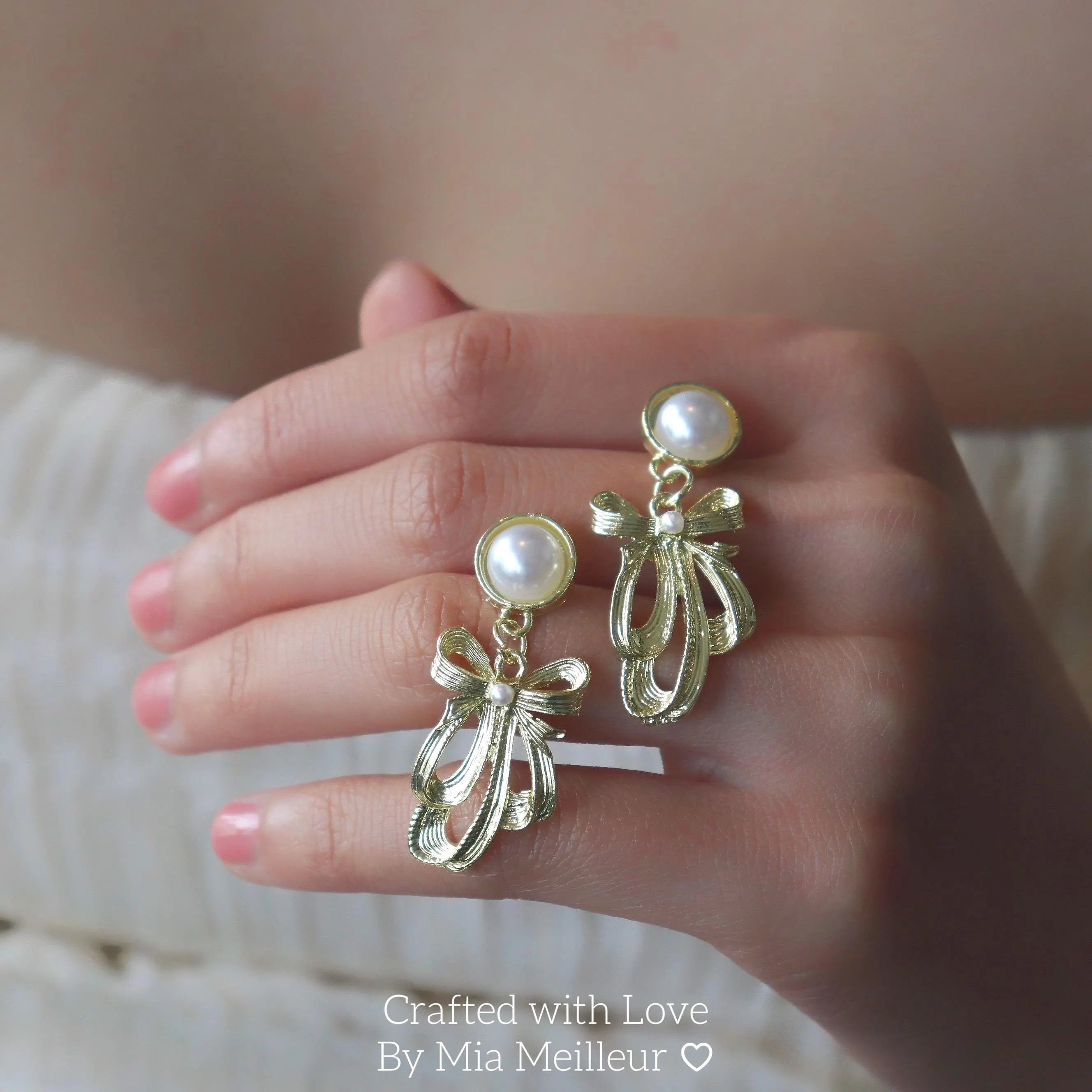 Gold Bow & Pearl Drop Earrings