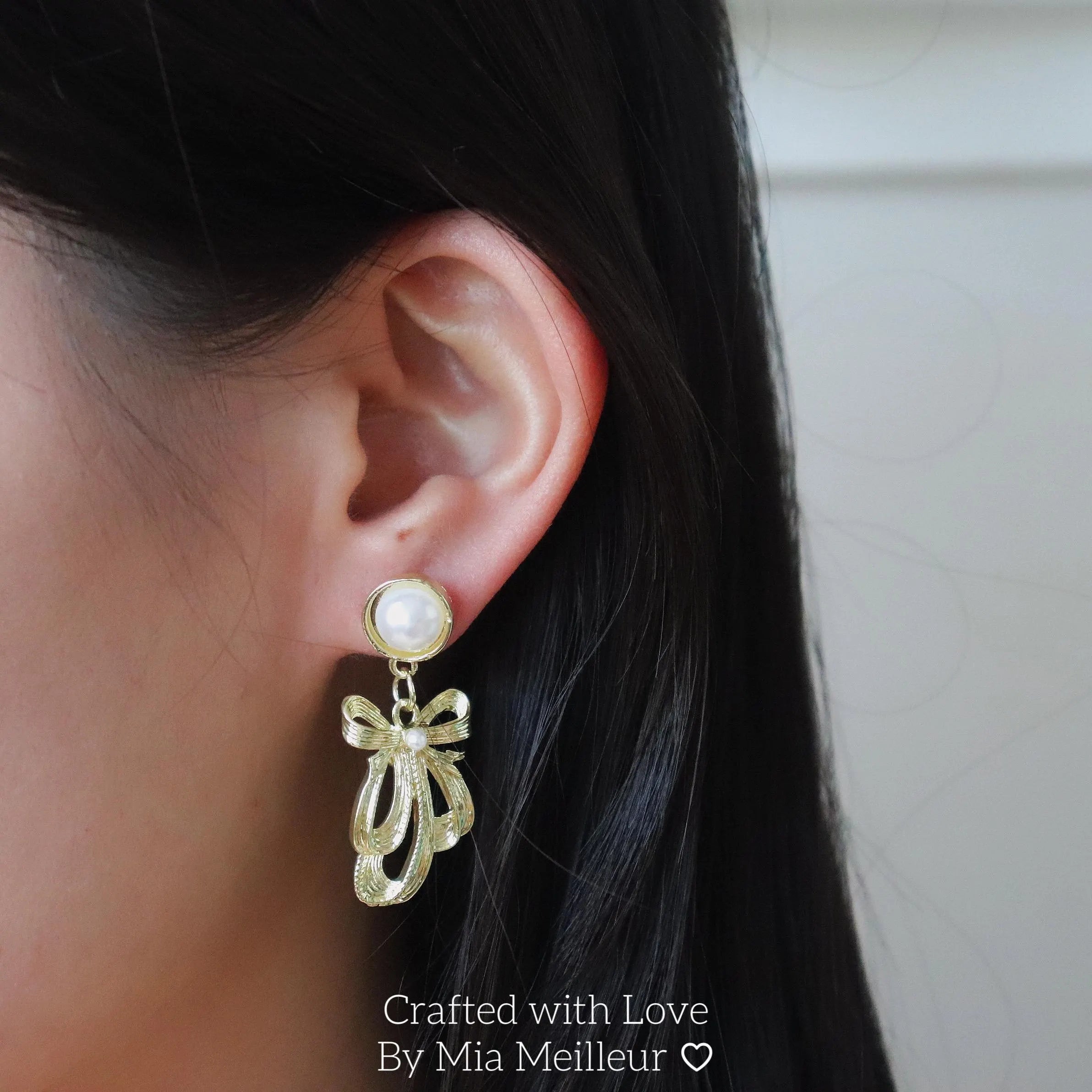 Gold Bow & Pearl Drop Earrings