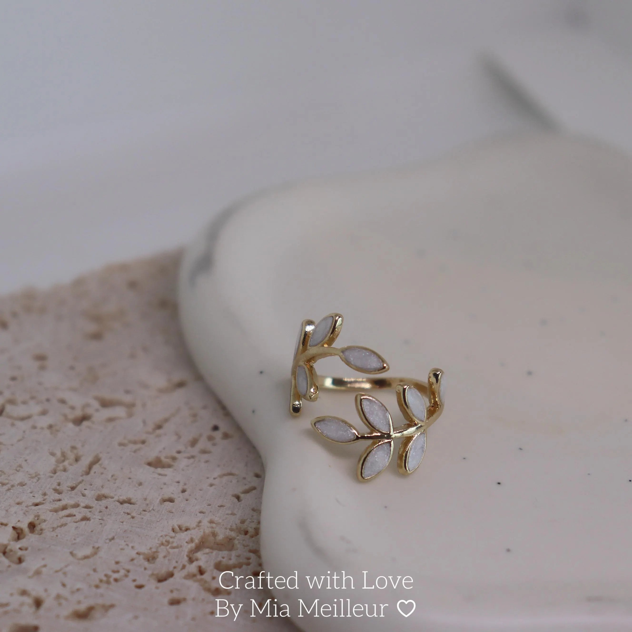 Dainty White Enamel Leaf Open Ring