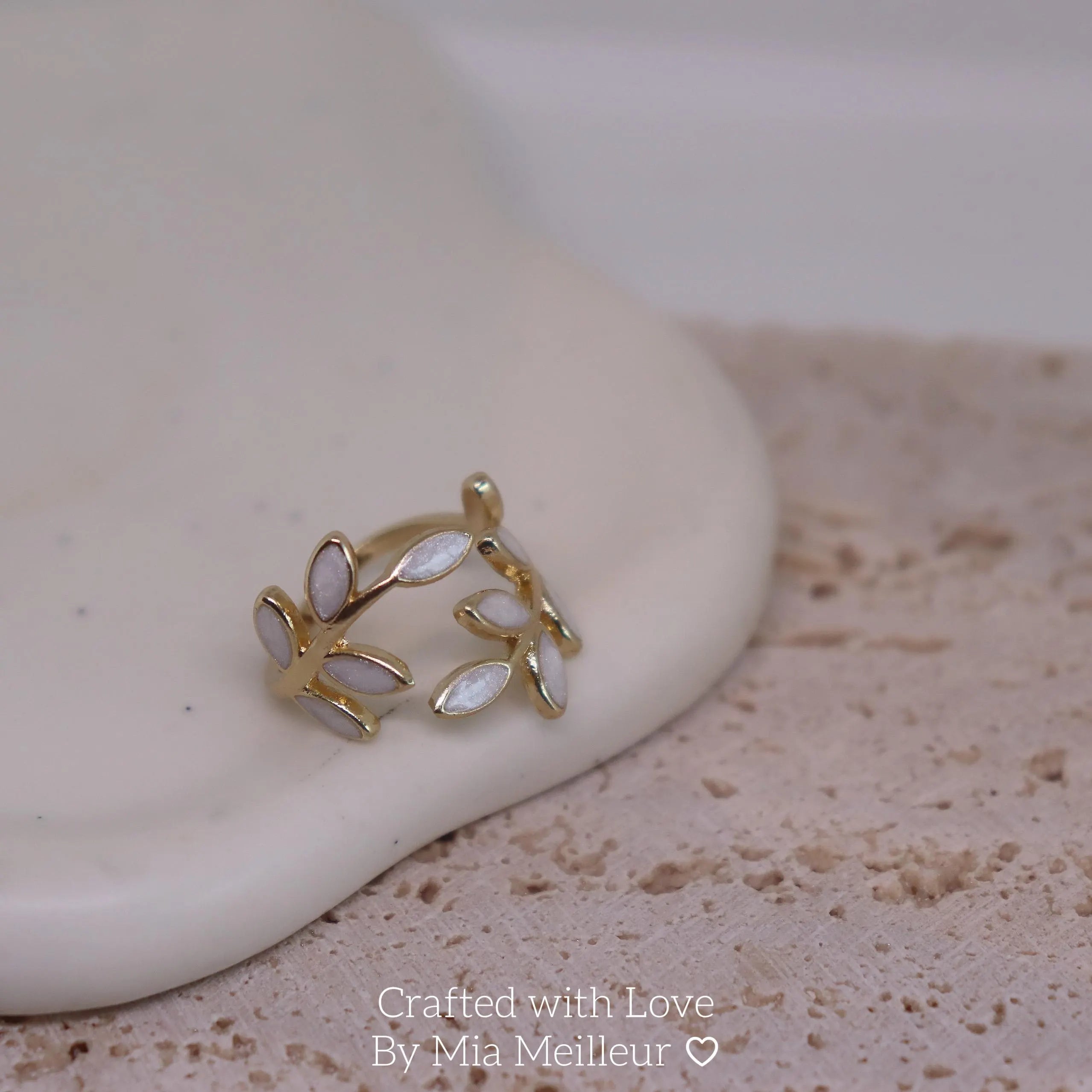 Dainty White Enamel Leaf Open Ring