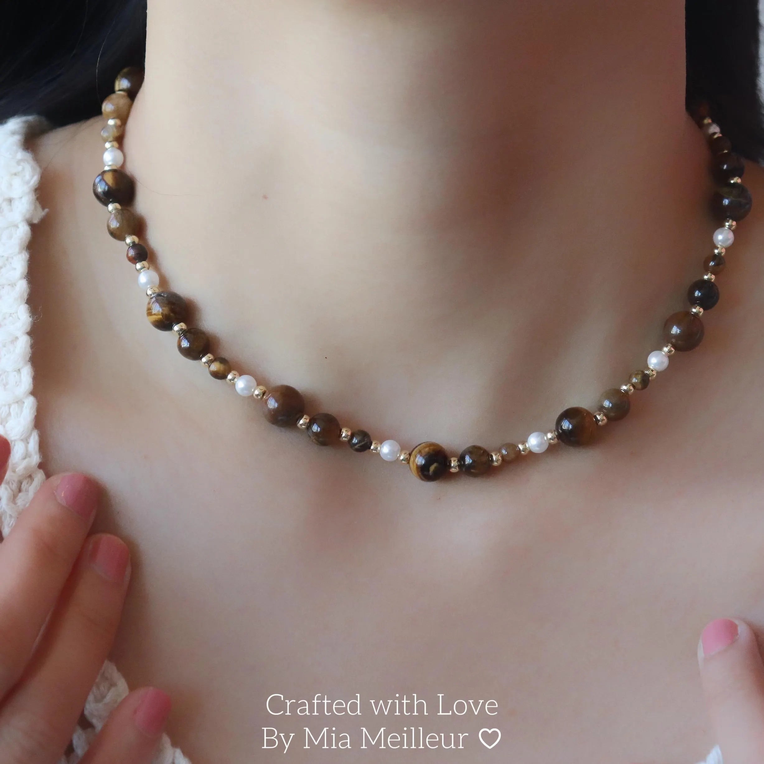 Tiger’s Eye and Pearl Beaded Necklace MN046