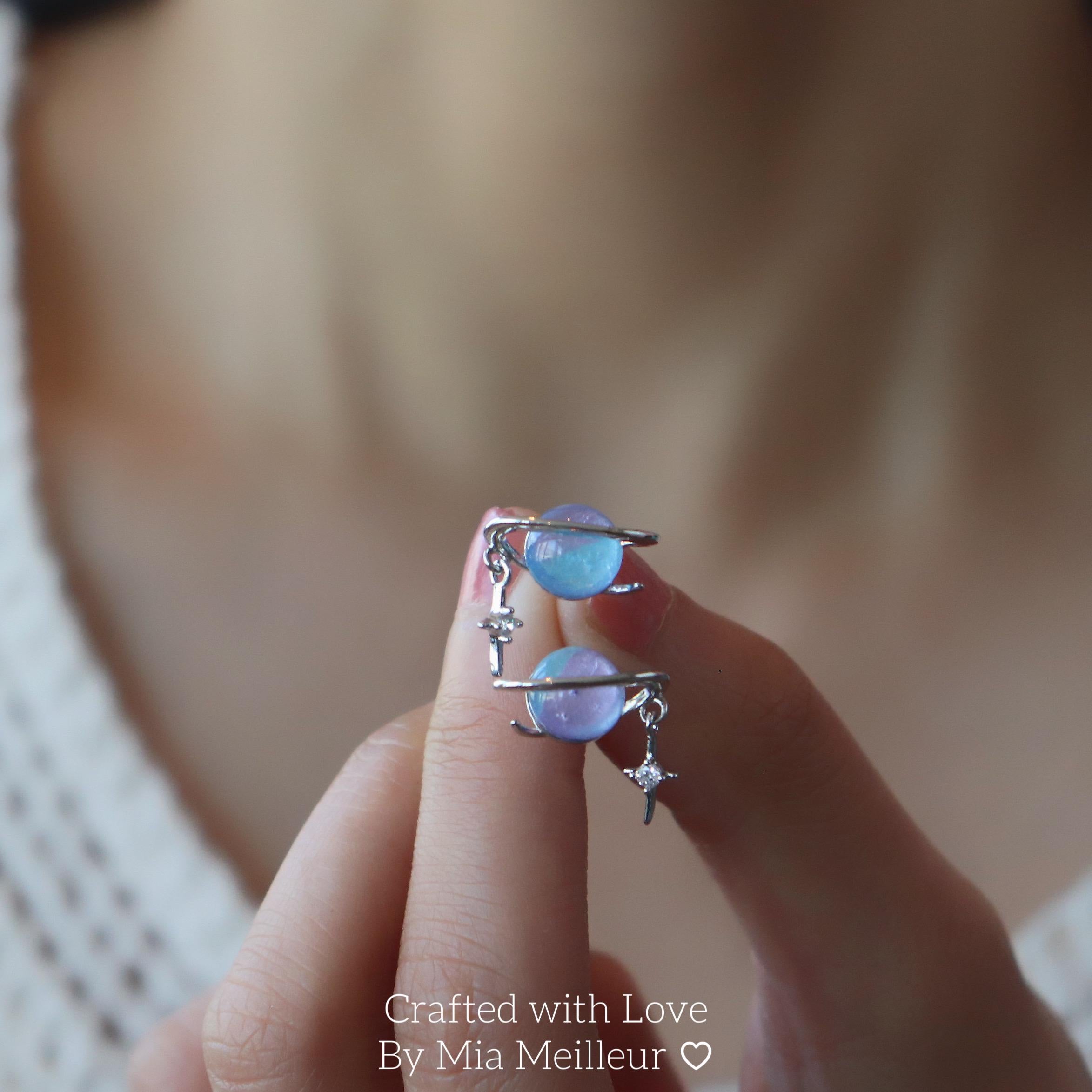 Dainty Planet Stud Earrings with Star Dangle