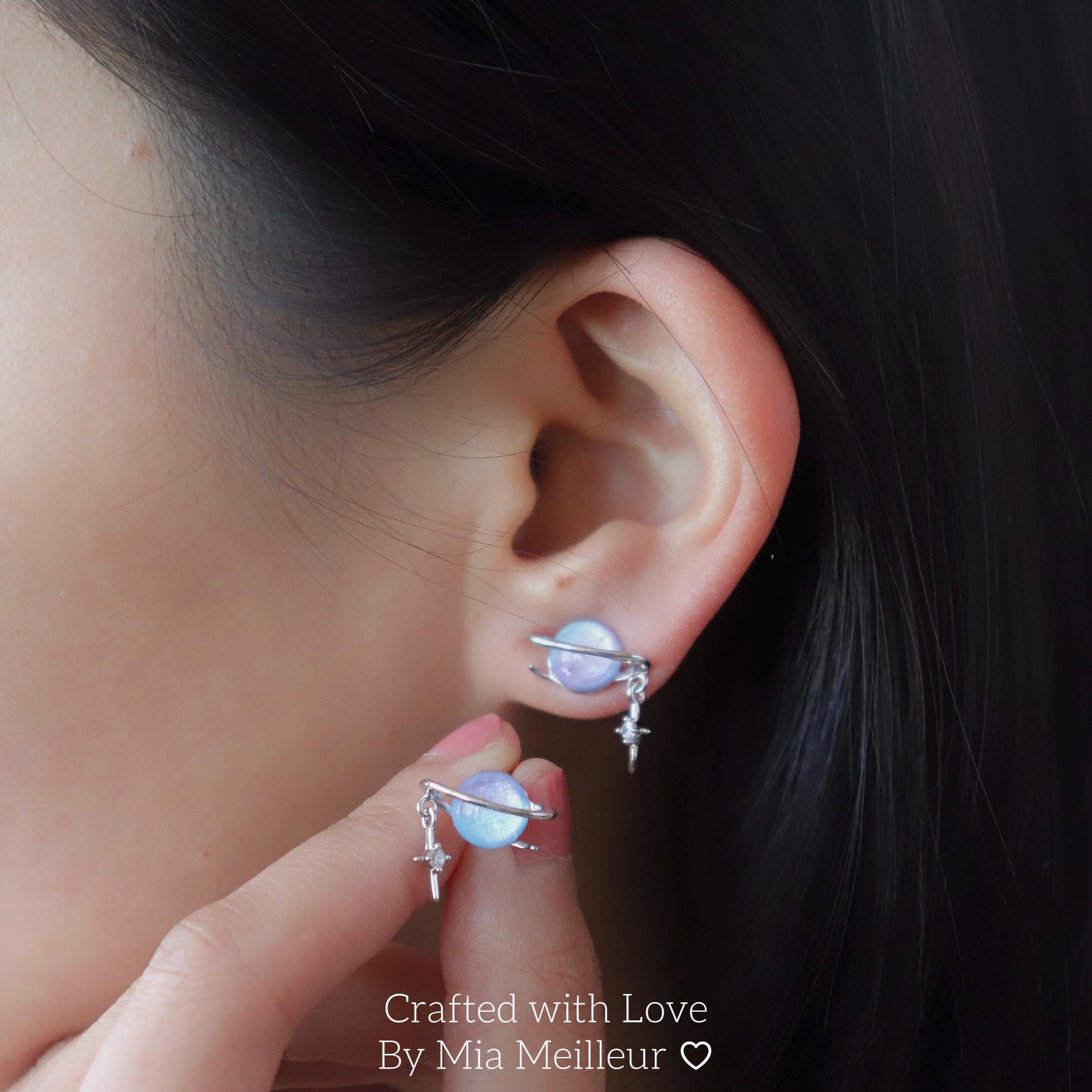 Dainty Planet Stud Earrings with Star Dangle