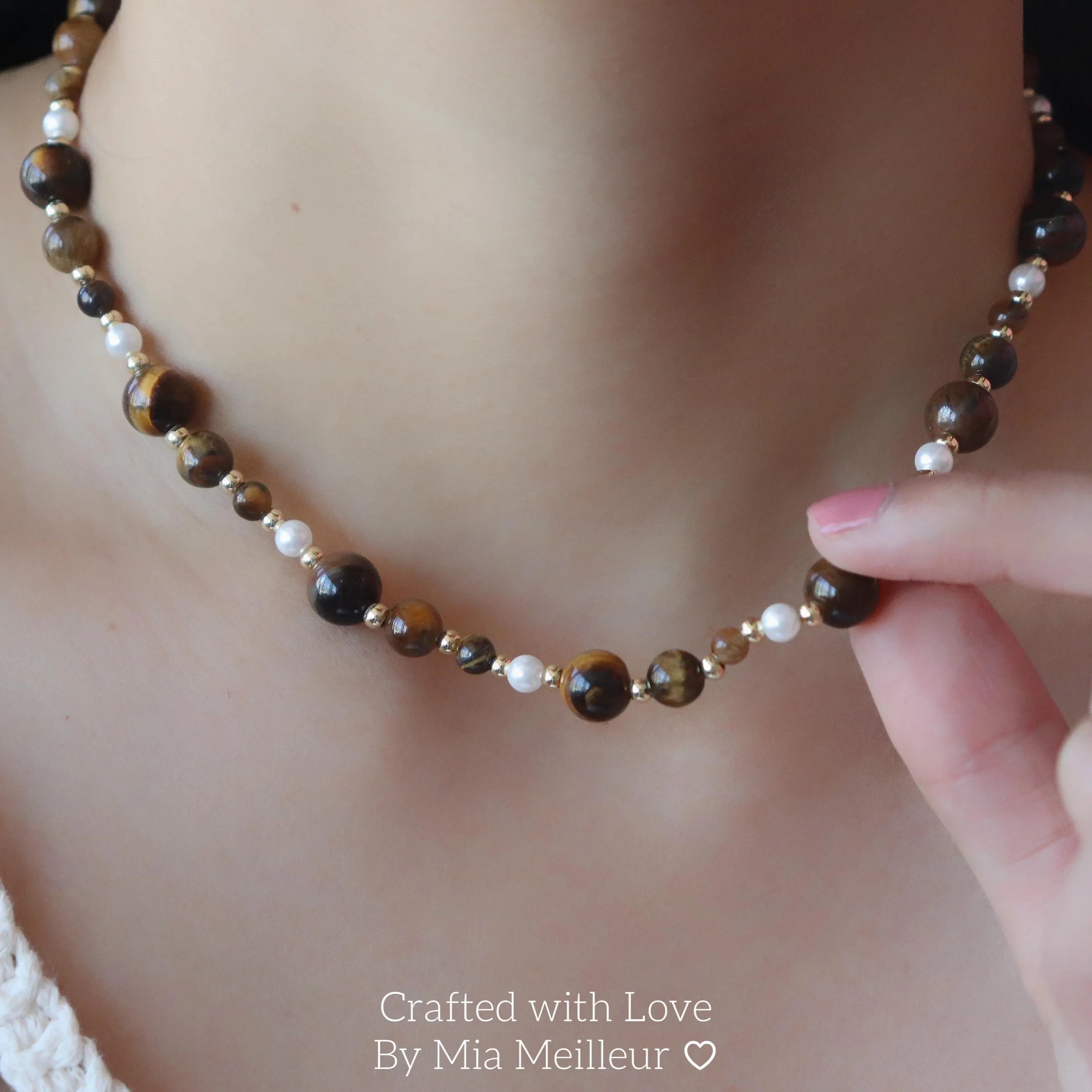 Tiger’s Eye and Pearl Beaded Necklace MN046
