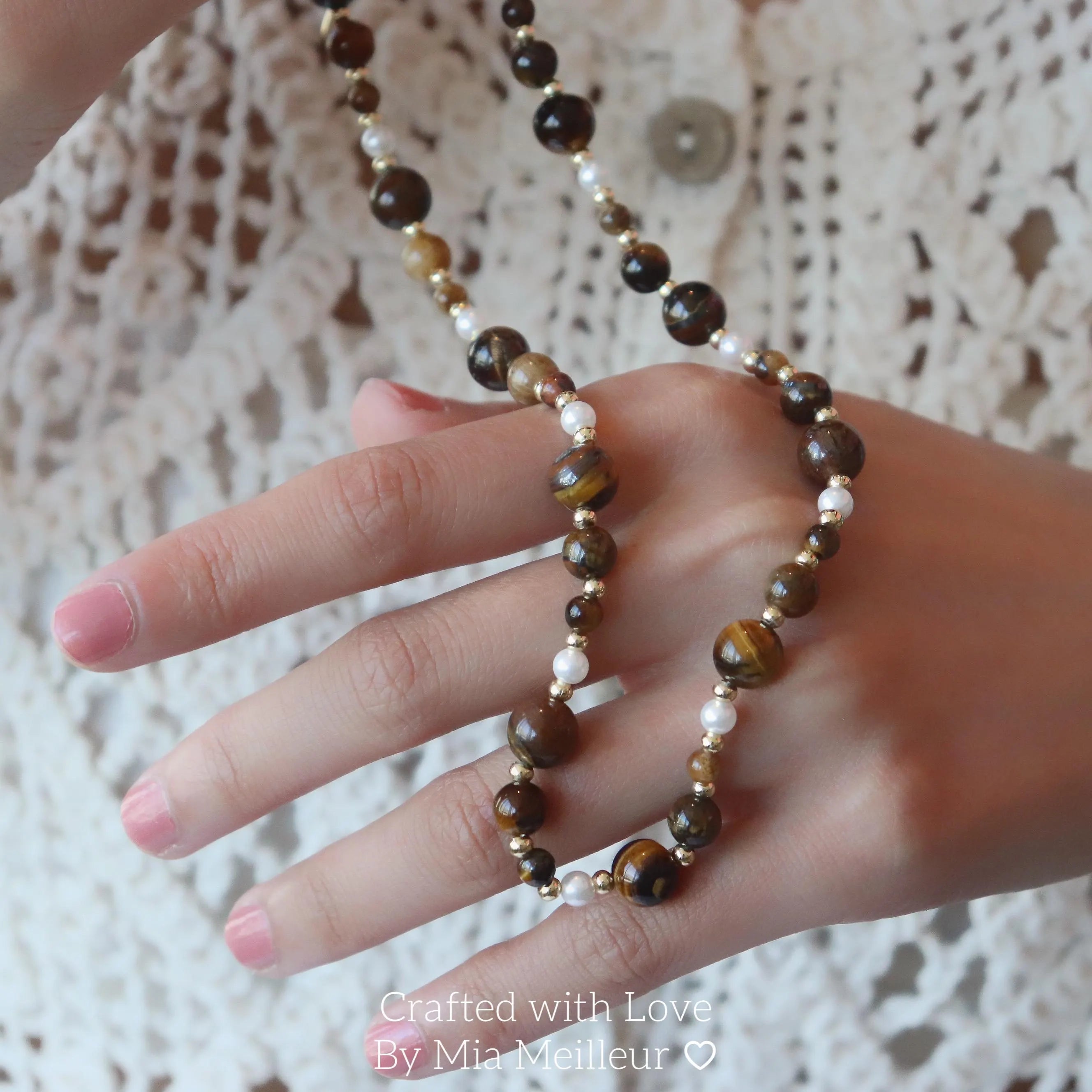Tiger’s Eye and Pearl Beaded Necklace MN046