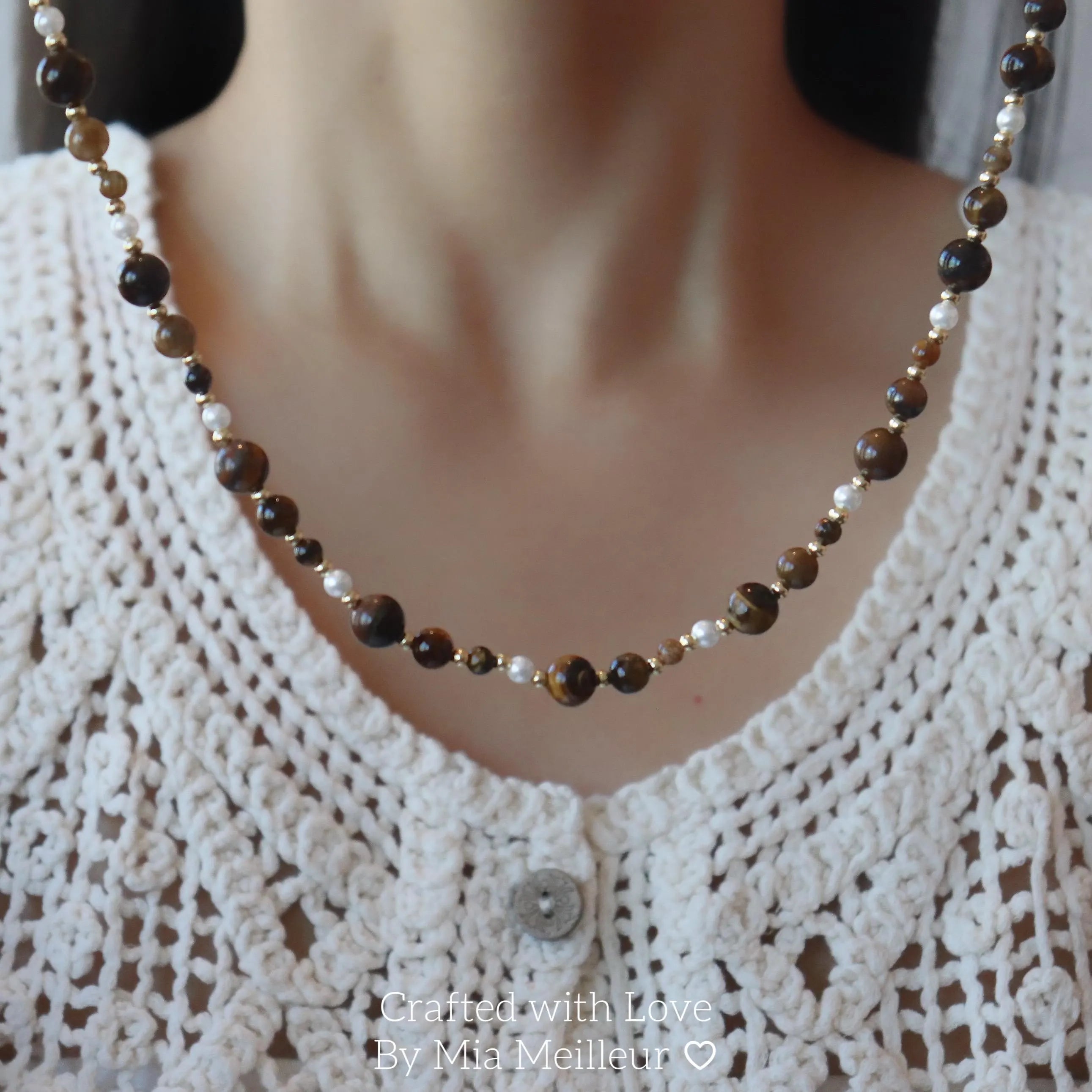 Tiger’s Eye and Pearl Beaded Necklace MN046
