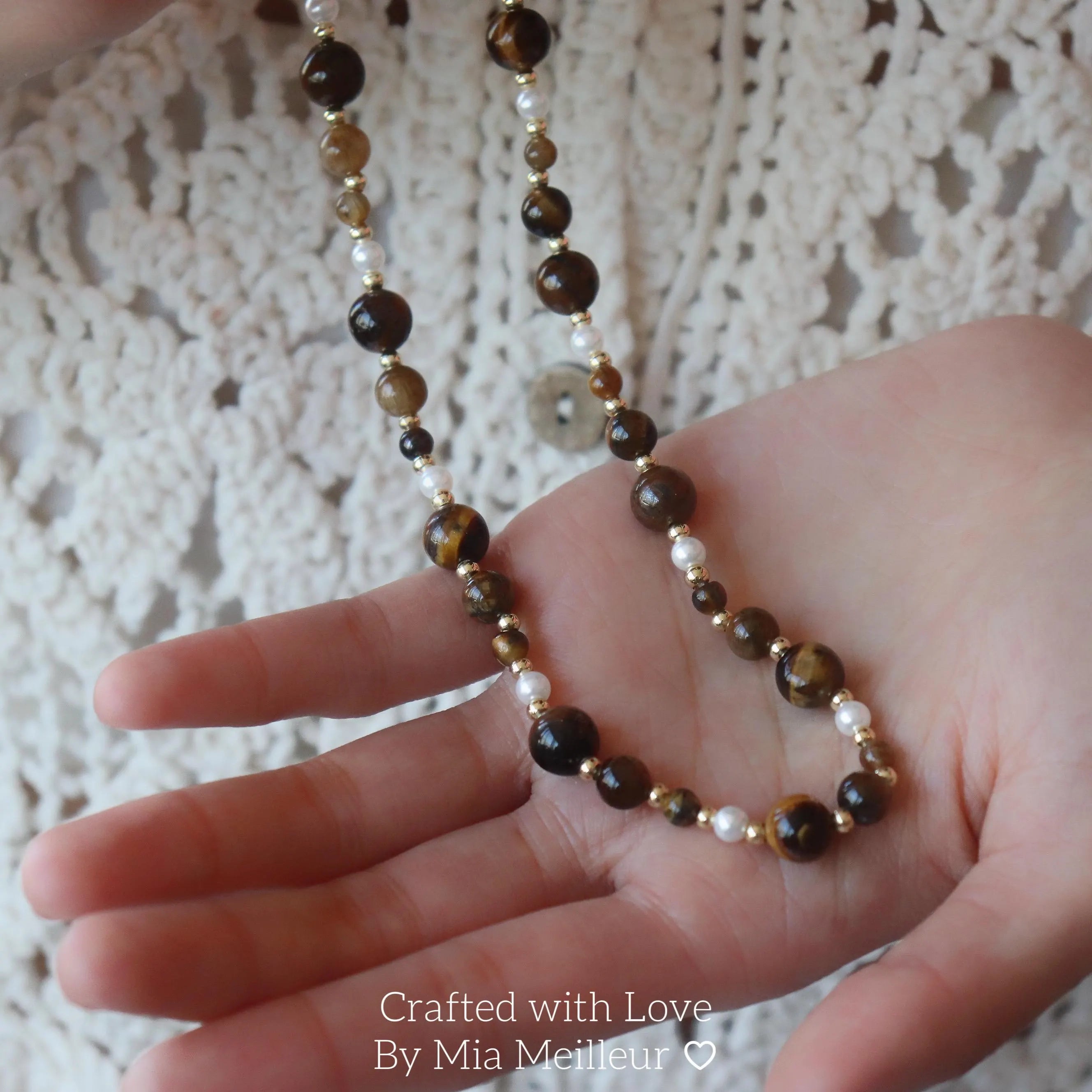 Tiger’s Eye and Pearl Beaded Necklace MN046